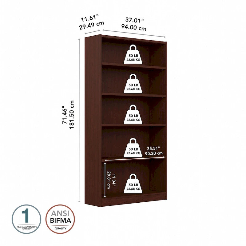 Tall 5 Shelf Bookcase with Adjustable Shelves