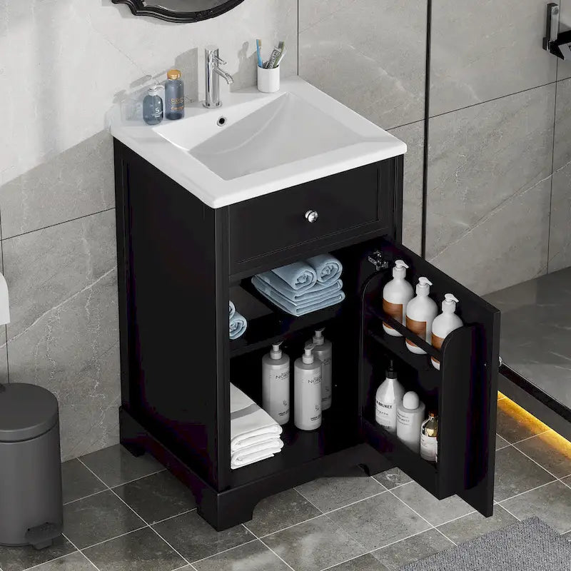 20-Inch Bathroom Vanity With Ceramic Sink, Storage Cabinet With 2-Tier Rack and Shelves