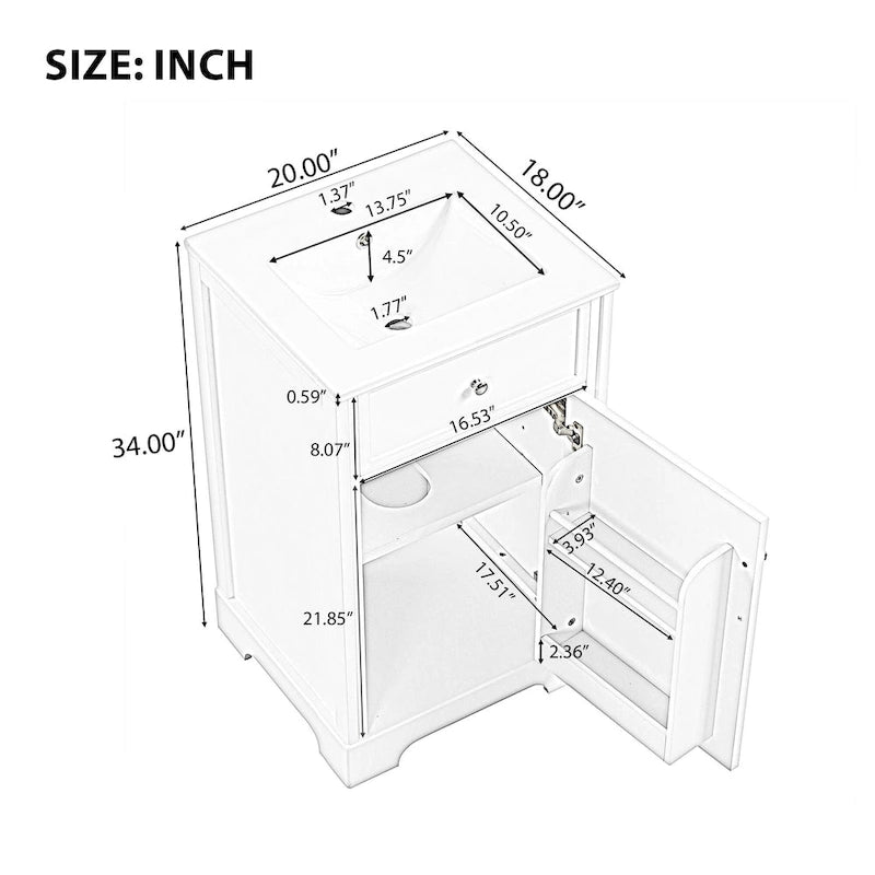 20-Inch Bathroom Vanity With Ceramic Sink, Storage Cabinet With 2-Tier Rack and Shelves