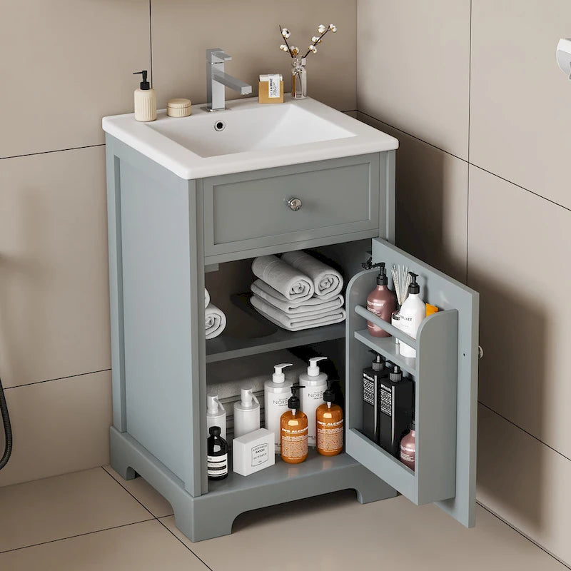 20-Inch Bathroom Vanity With Ceramic Sink, Storage Cabinet With 2-Tier Rack and Shelves