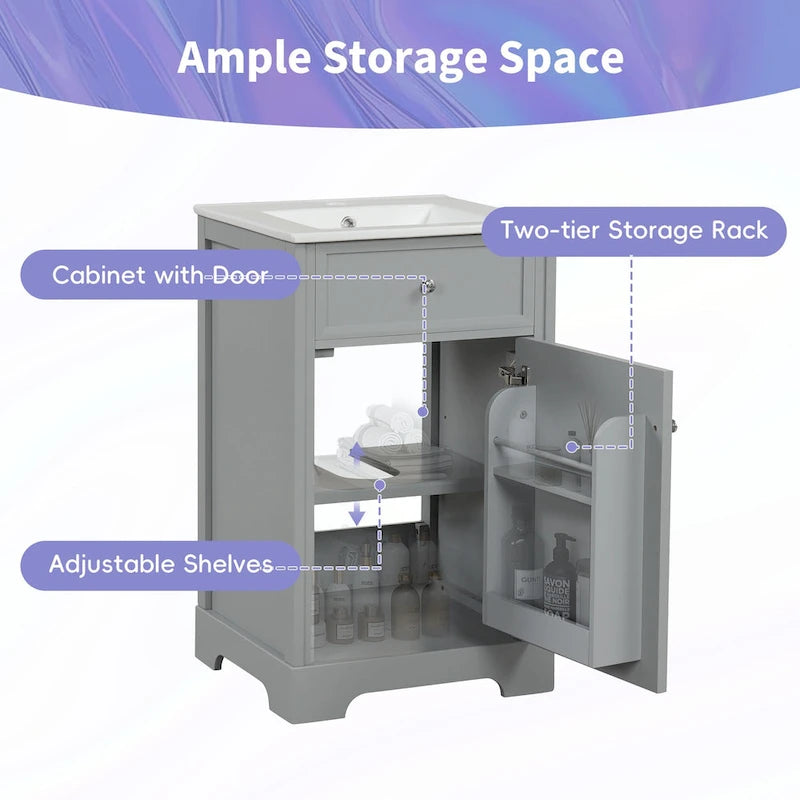 20-Inch Bathroom Vanity With Ceramic Sink, Storage Cabinet With 2-Tier Rack and Shelves