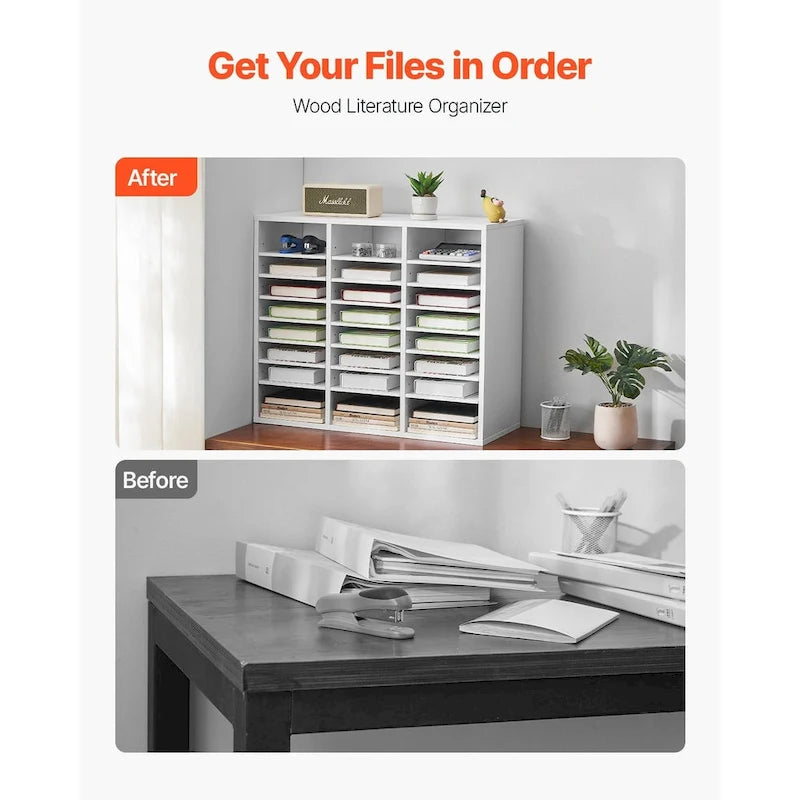 24-Compartment Wood Literature Organizer with Adjustable Shelves
