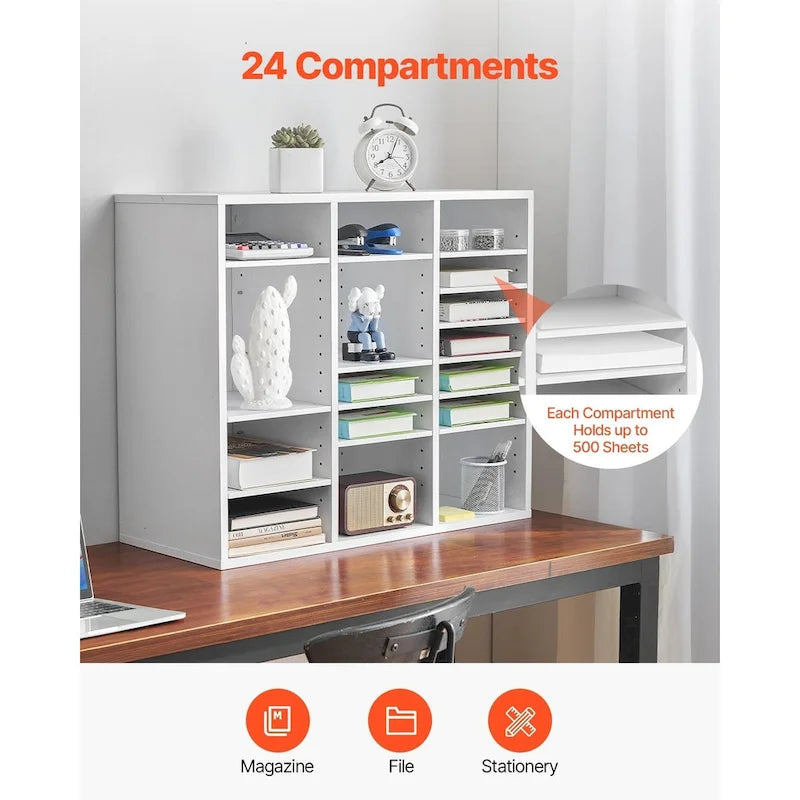 24-Compartment Wood Literature Organizer with Adjustable Shelves