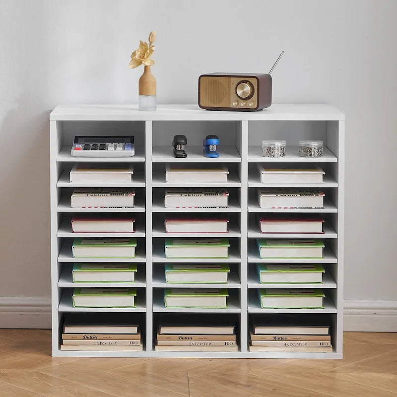 24-Compartment Wood Literature Organizer with Adjustable Shelves