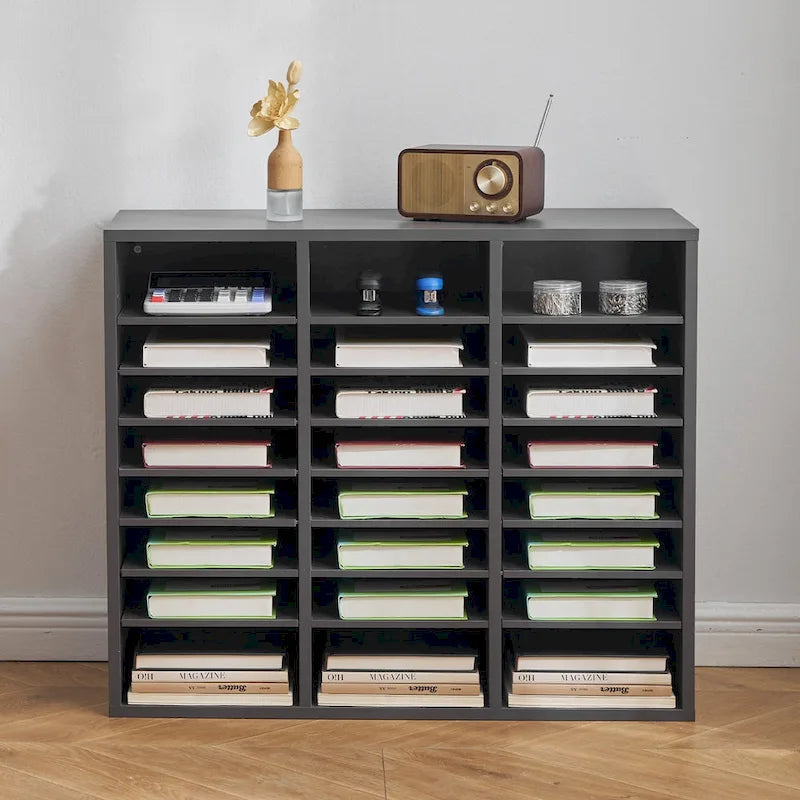 24-Compartment Wood Literature Organizer with Adjustable Shelves