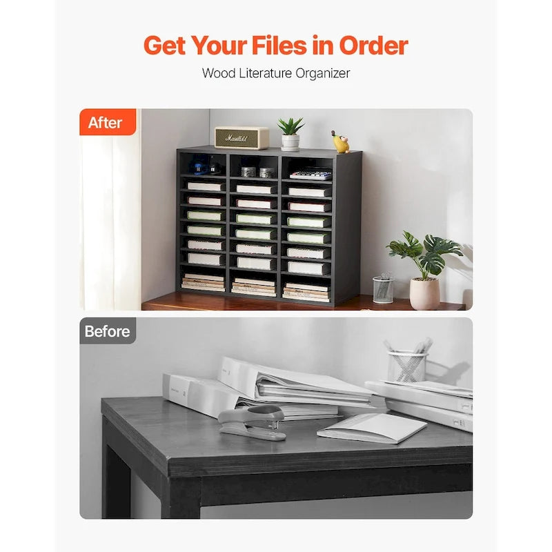 24-Compartment Wood Literature Organizer with Adjustable Shelves