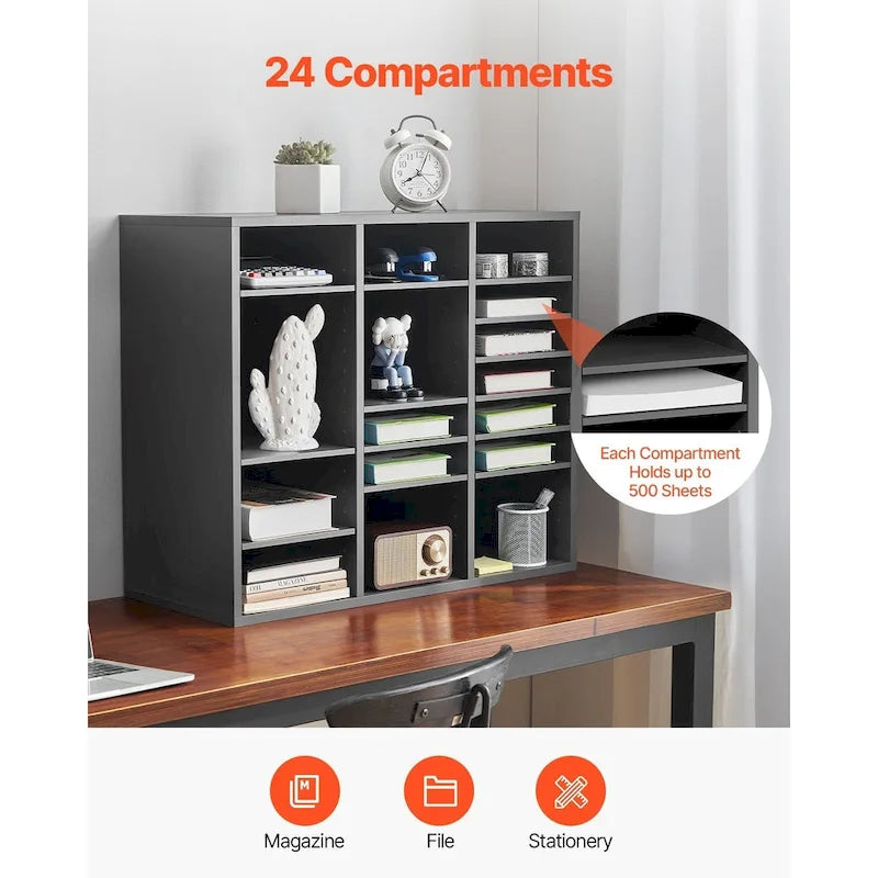 24-Compartment Wood Literature Organizer with Adjustable Shelves