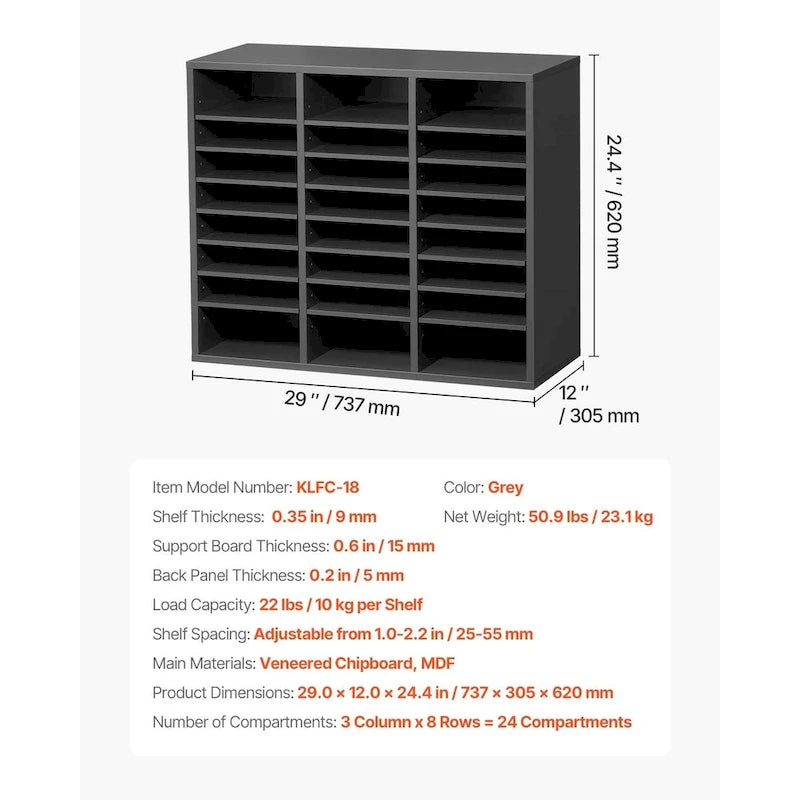 24-Compartment Wood Literature Organizer with Adjustable Shelves