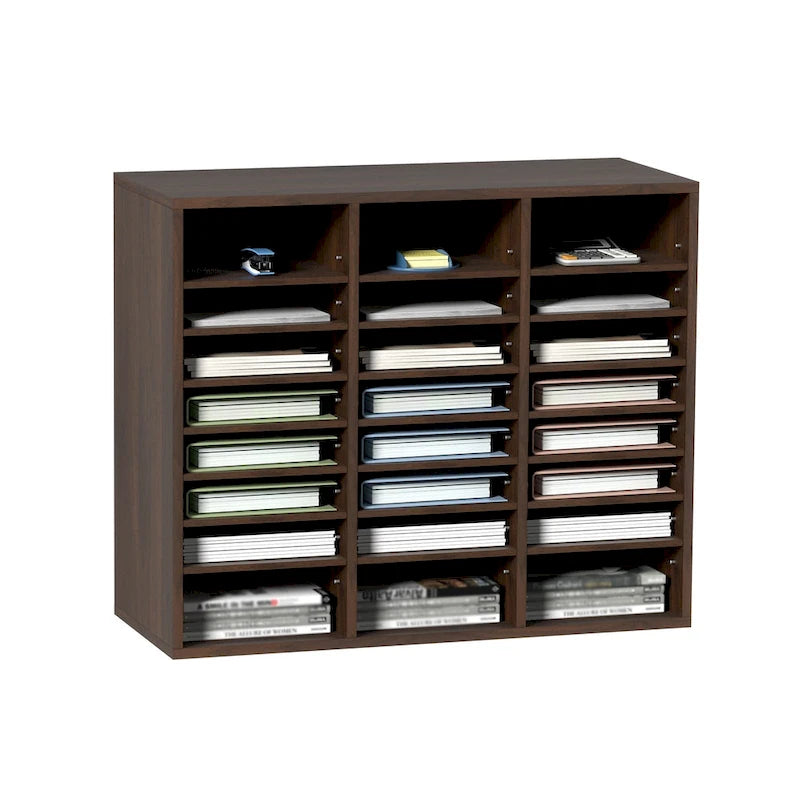 24-Compartment Wood Literature Organizer with Adjustable Shelves