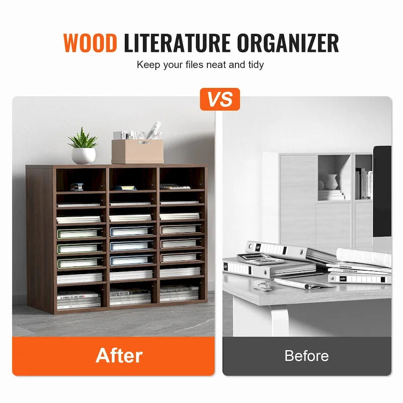 24-Compartment Wood Literature Organizer with Adjustable Shelves
