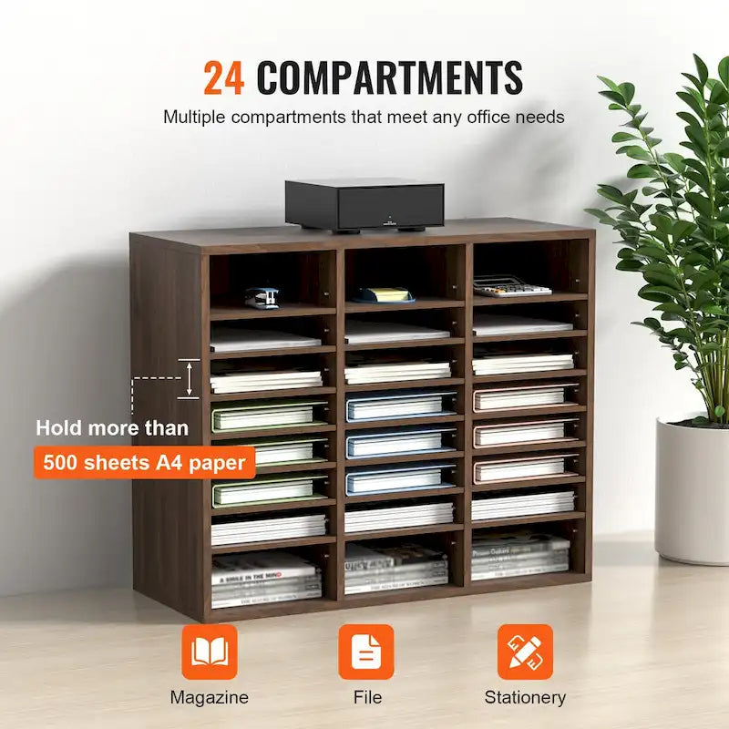24-Compartment Wood Literature Organizer with Adjustable Shelves