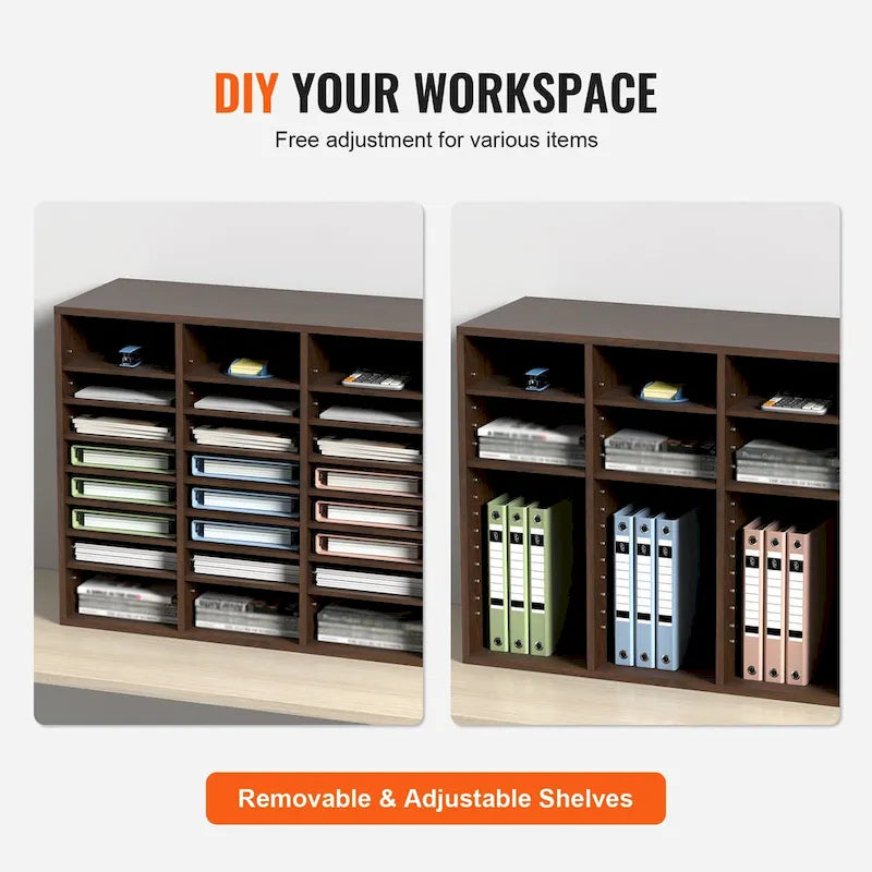 24-Compartment Wood Literature Organizer with Adjustable Shelves