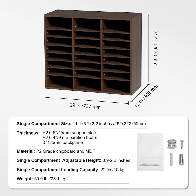 24-Compartment Wood Literature Organizer with Adjustable Shelves