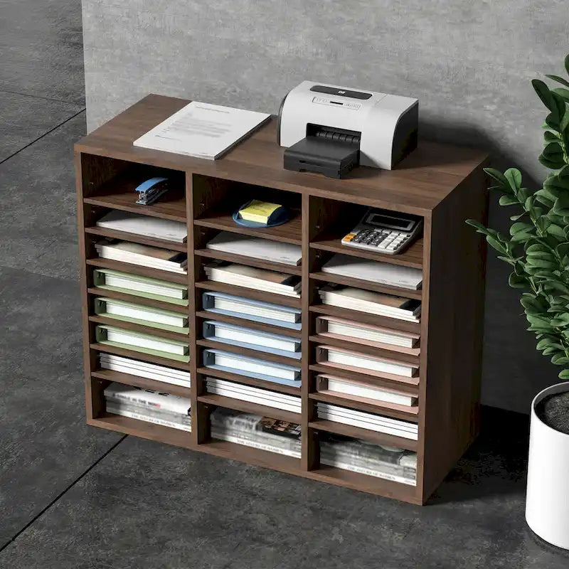 24-Compartment Wood Literature Organizer with Adjustable Shelves
