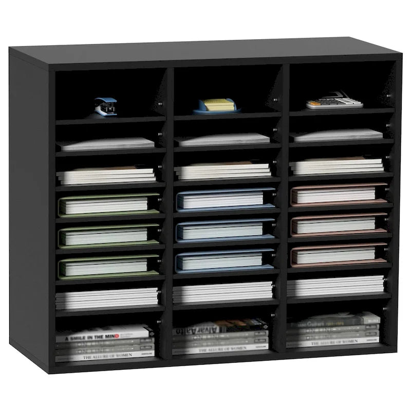 24-Compartment Wood Literature Organizer with Adjustable Shelves