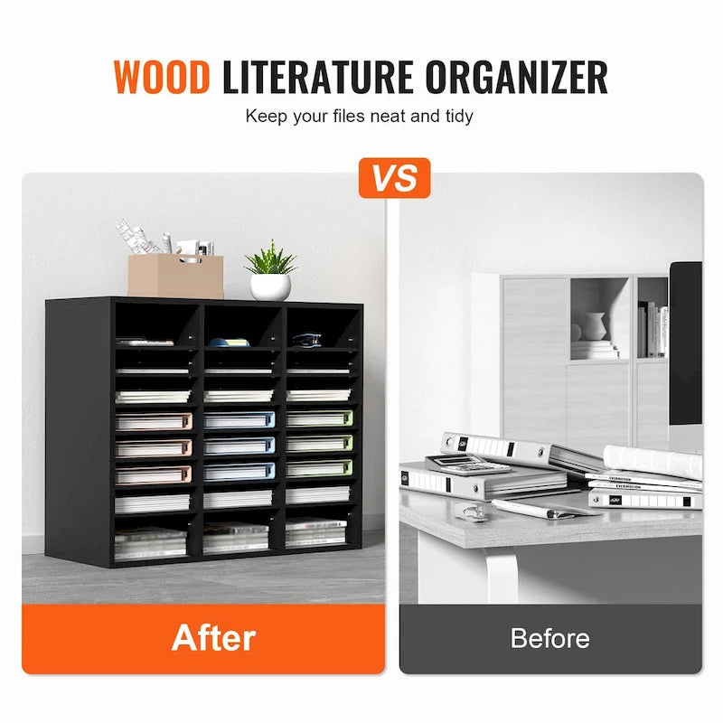 24-Compartment Wood Literature Organizer with Adjustable Shelves
