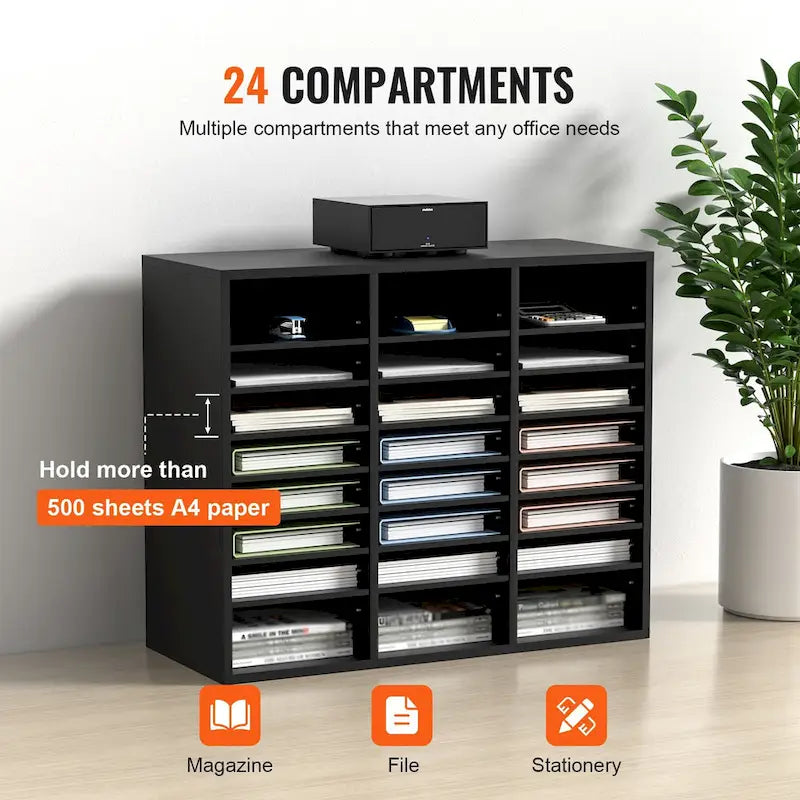 24-Compartment Wood Literature Organizer with Adjustable Shelves