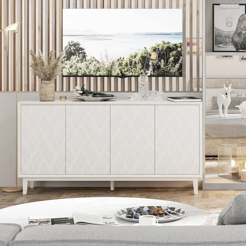 Modern 4-Door Cabinet with 3D Curved Motif and Push Latch — TV Stand, Sideboard & Buffet