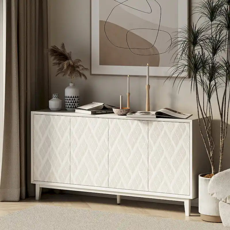 Modern 4-Door Cabinet with 3D Curved Motif and Push Latch — TV Stand, Sideboard & Buffet