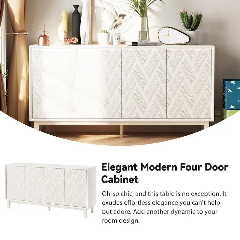 Modern 4-Door Cabinet with 3D Curved Motif and Push Latch — TV Stand, Sideboard & Buffet