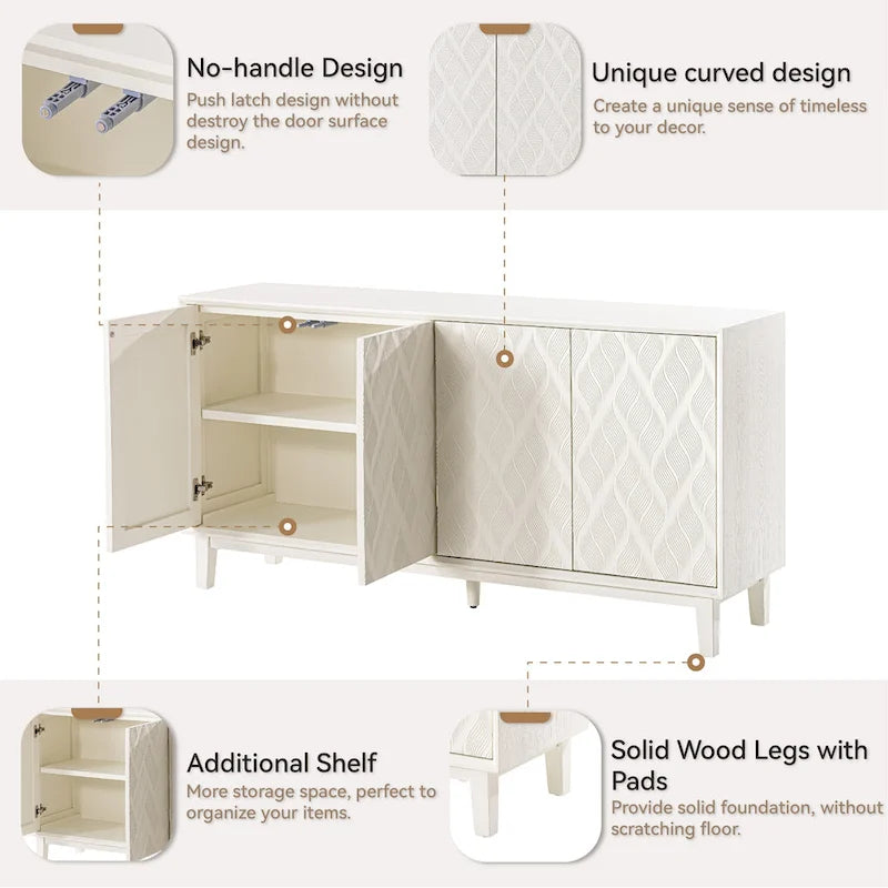 Modern 4-Door Cabinet with 3D Curved Motif and Push Latch — TV Stand, Sideboard & Buffet