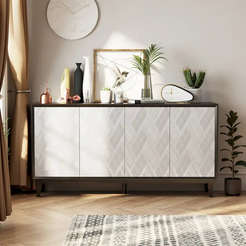 Modern 4-Door Cabinet with 3D Curved Motif and Push Latch — TV Stand, Sideboard & Buffet
