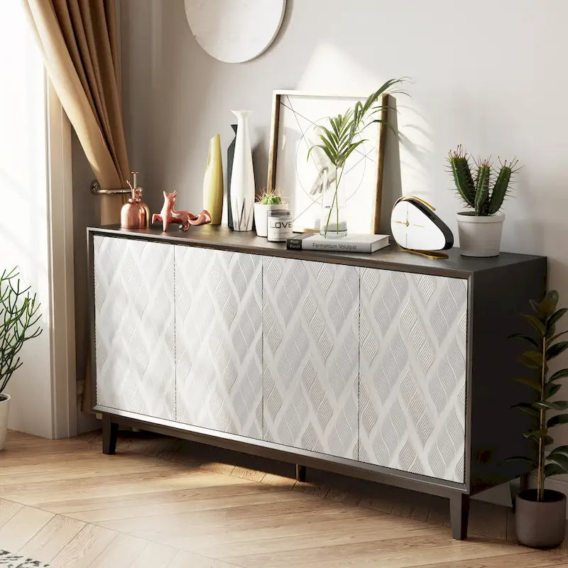 Modern 4-Door Cabinet with 3D Curved Motif and Push Latch — TV Stand, Sideboard & Buffet