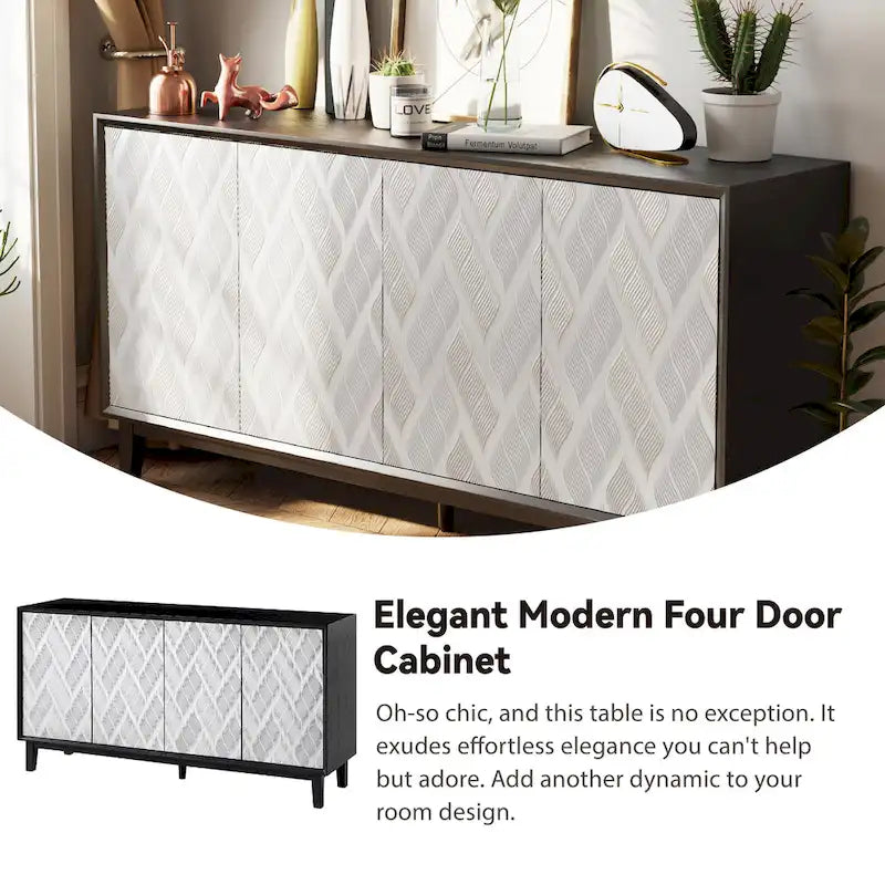 Modern 4-Door Cabinet with 3D Curved Motif and Push Latch — TV Stand, Sideboard & Buffet