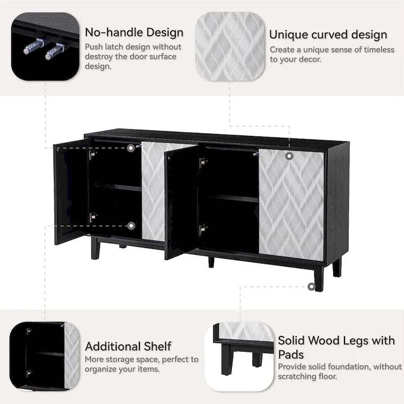 Modern 4-Door Cabinet with 3D Curved Motif and Push Latch — TV Stand, Sideboard & Buffet