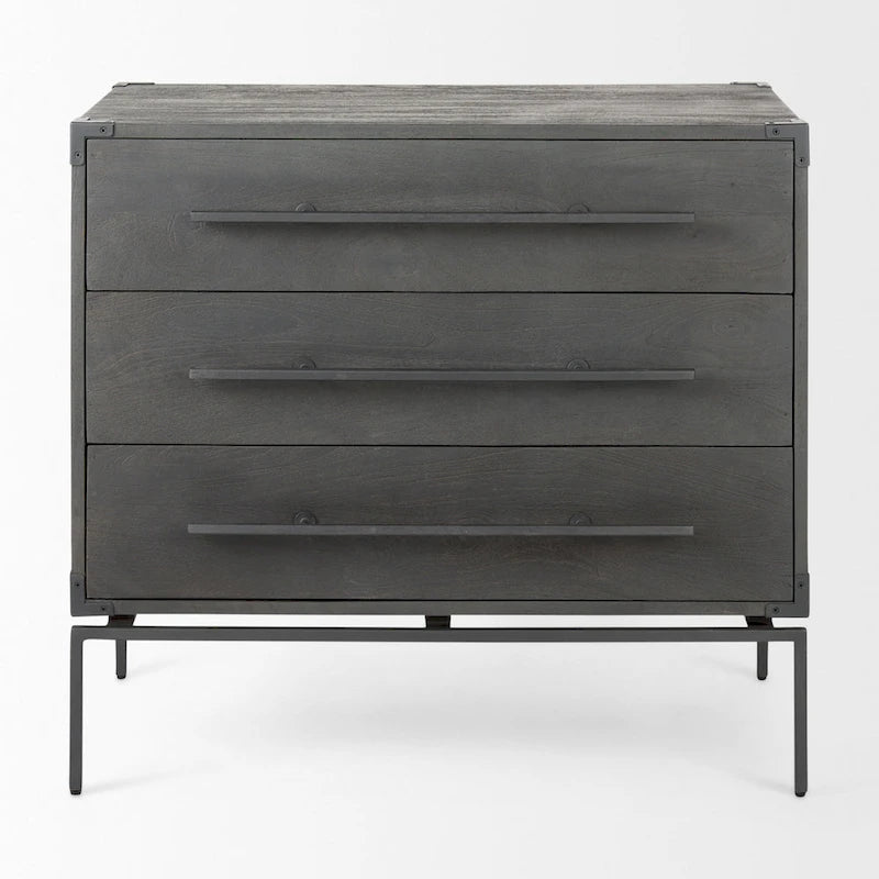 Dark Brown Solid Wood 3-Drawer Accent Cabinet with Black Iron Base