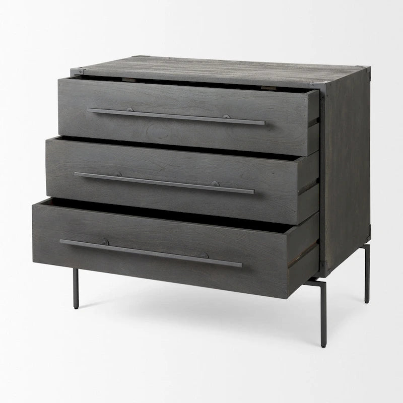 Dark Brown Solid Wood 3-Drawer Accent Cabinet with Black Iron Base