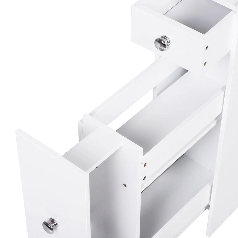 Bathroom Floor Organizer Free Standing Space Saving Narrow Storage Cabinet with Drawers White