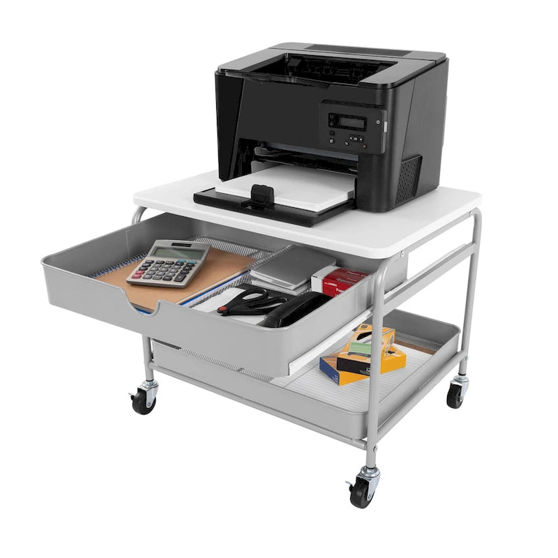 Under Desk Storage & Printer Cart, Silver/White