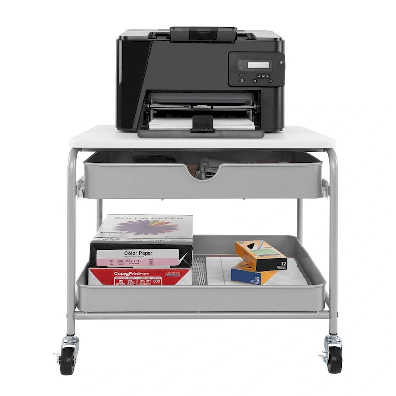 Under Desk Storage & Printer Cart, Silver/White