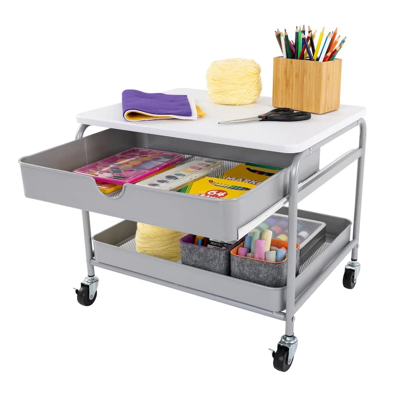 Under Desk Storage & Printer Cart, Silver/White