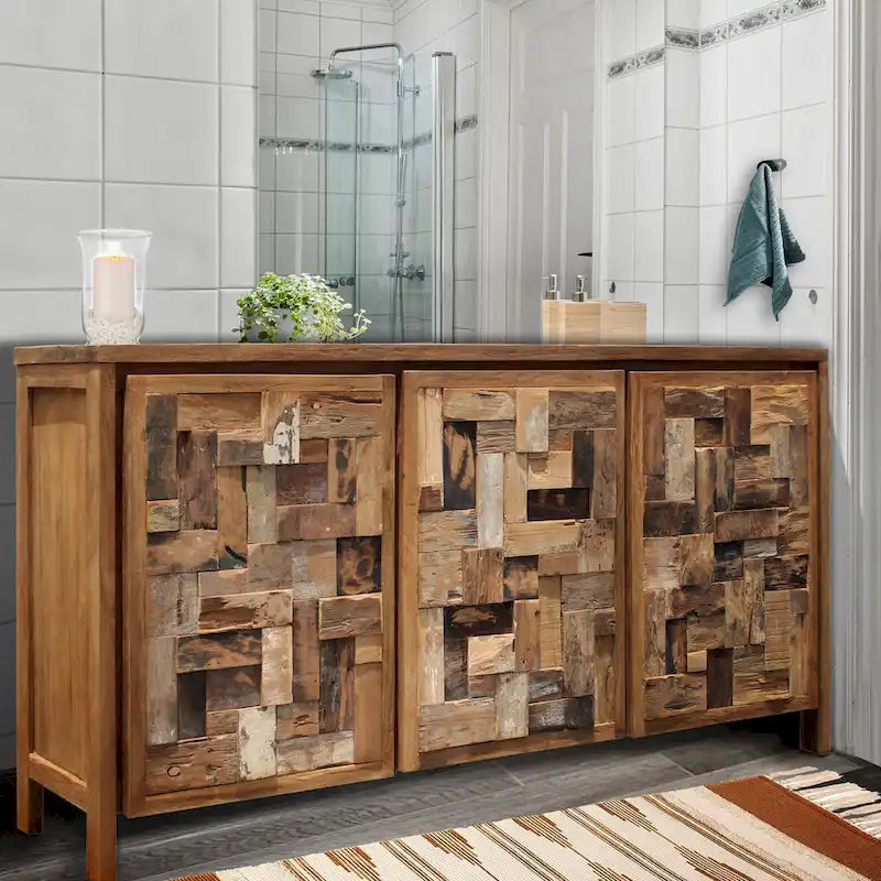 Bathroom Linen Cabinet with 3 Doors – Solid Teak Wood