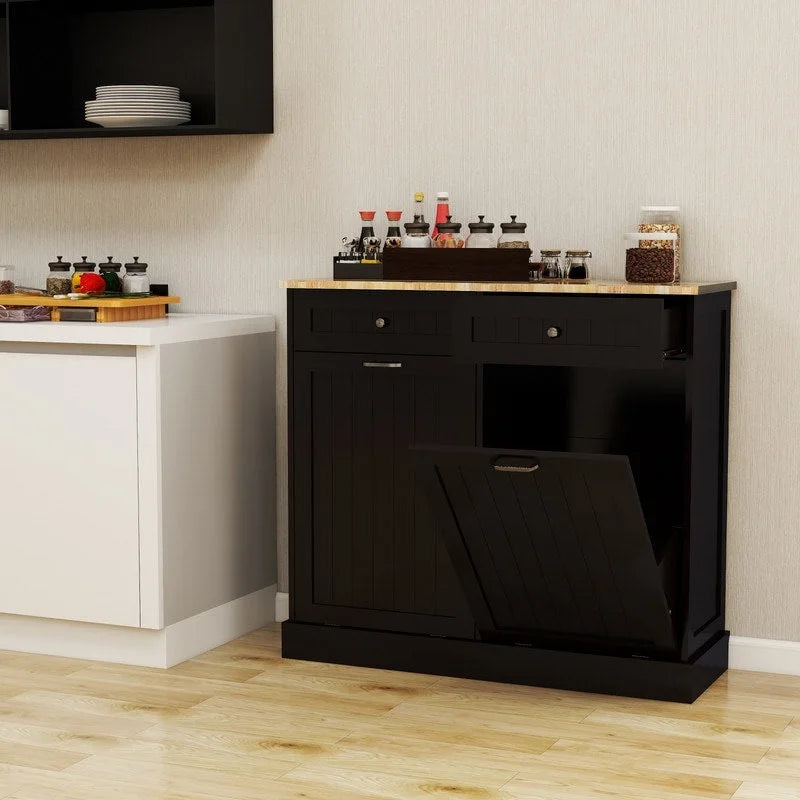 Two-Compartment Tilt-Out Trash Cabinet Kitchen Trash Cabinet w/2 Drawers