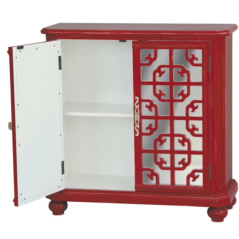 Hand Painted Distressed Red & Mirrored Accent Chest - 13 x 34 x 34