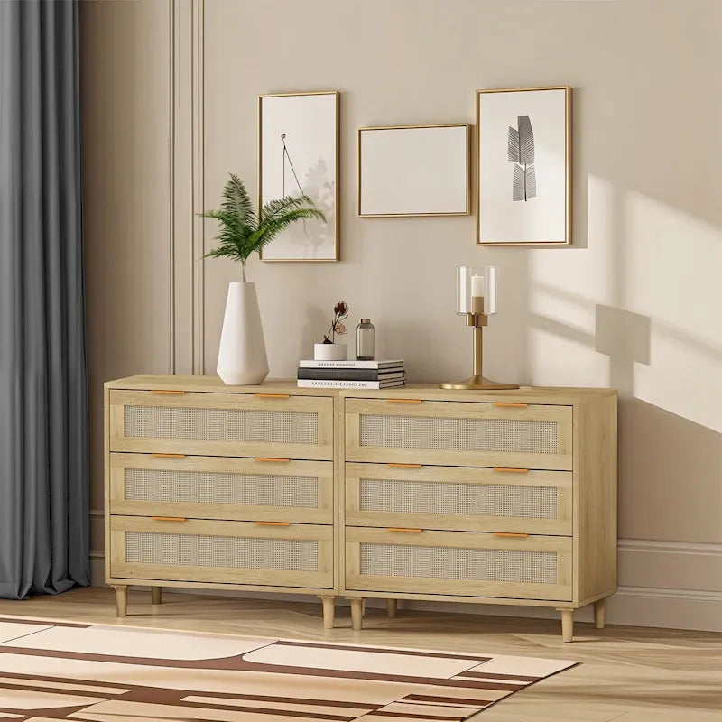 6-Drawer Oak Dresser with Rattan Drawers