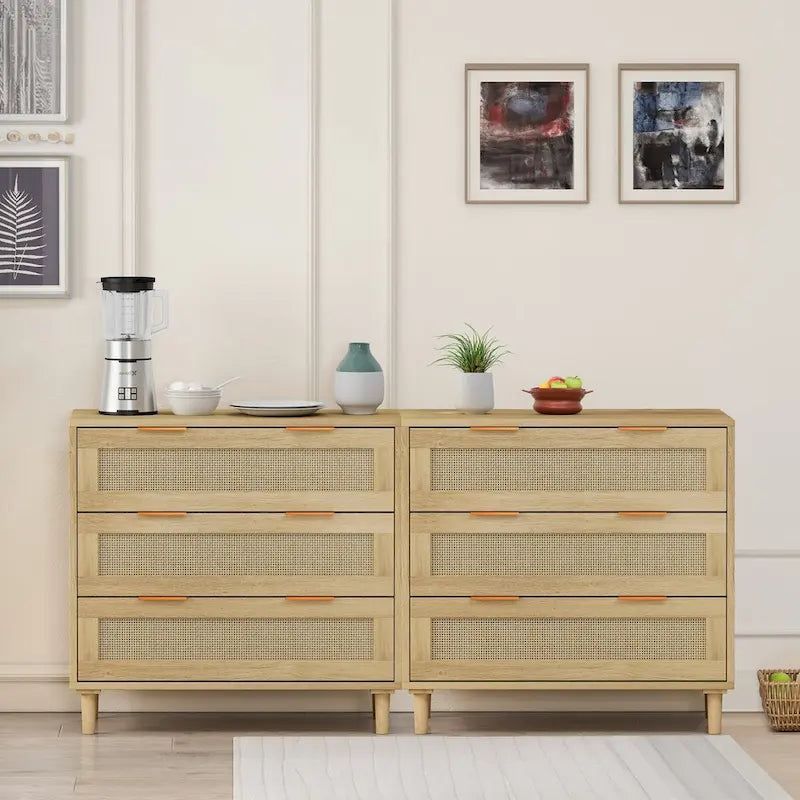 6-Drawer Oak Dresser with Rattan Drawers
