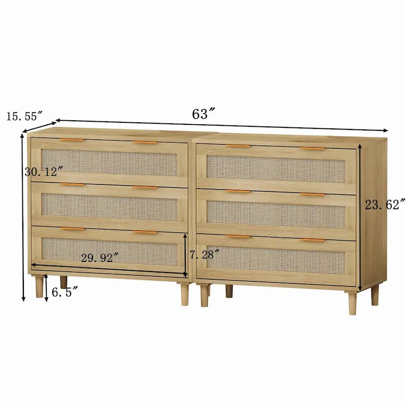 6-Drawer Oak Dresser with Rattan Drawers