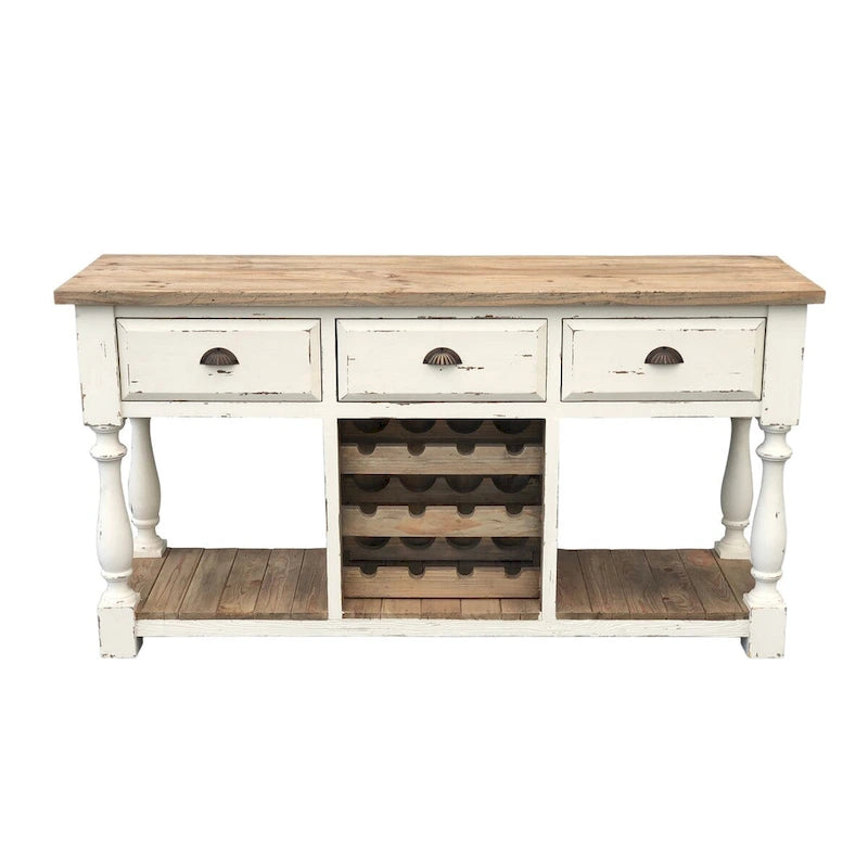 Farmhouse Console Wine Rack with Chalk White Finish and Natural Top
