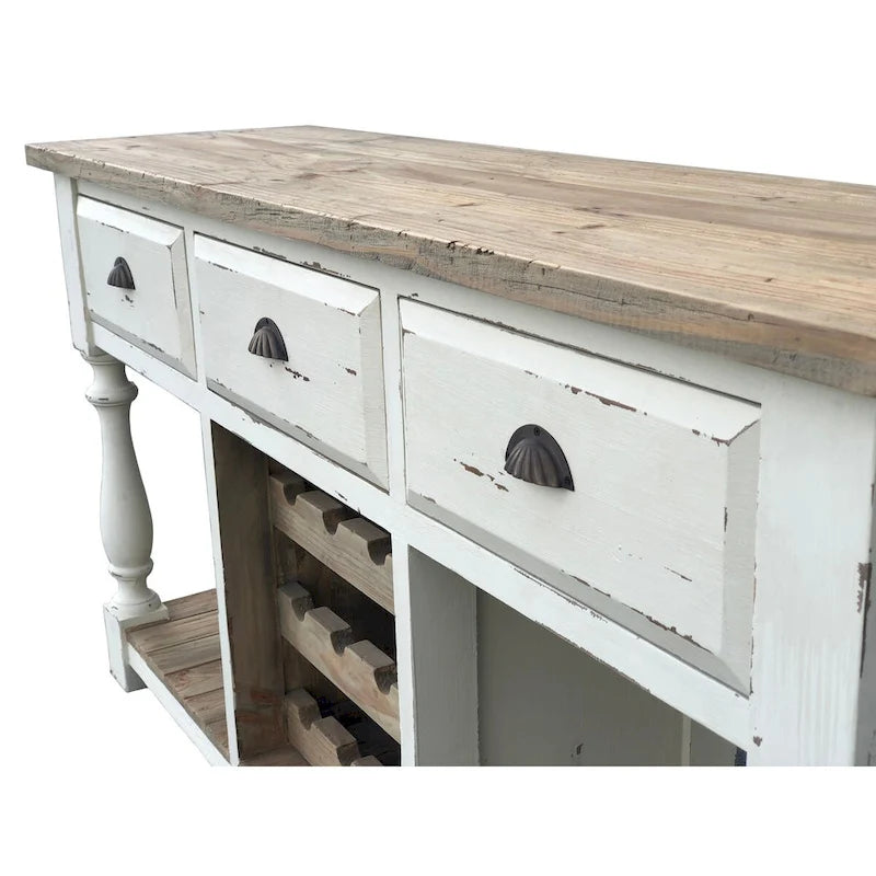 Farmhouse Console Wine Rack with Chalk White Finish and Natural Top