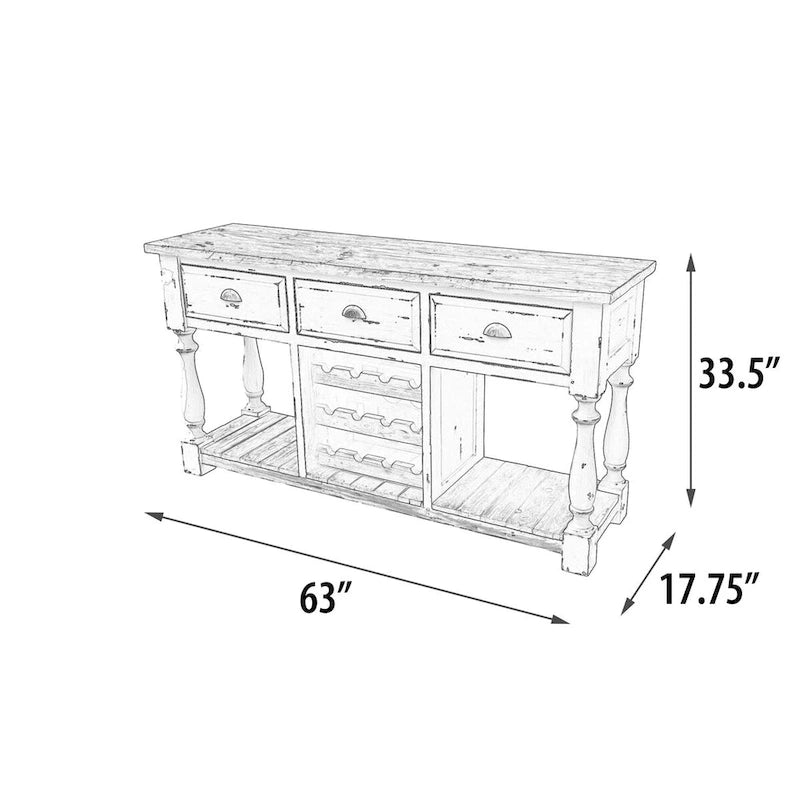 Farmhouse Console Wine Rack with Chalk White Finish and Natural Top