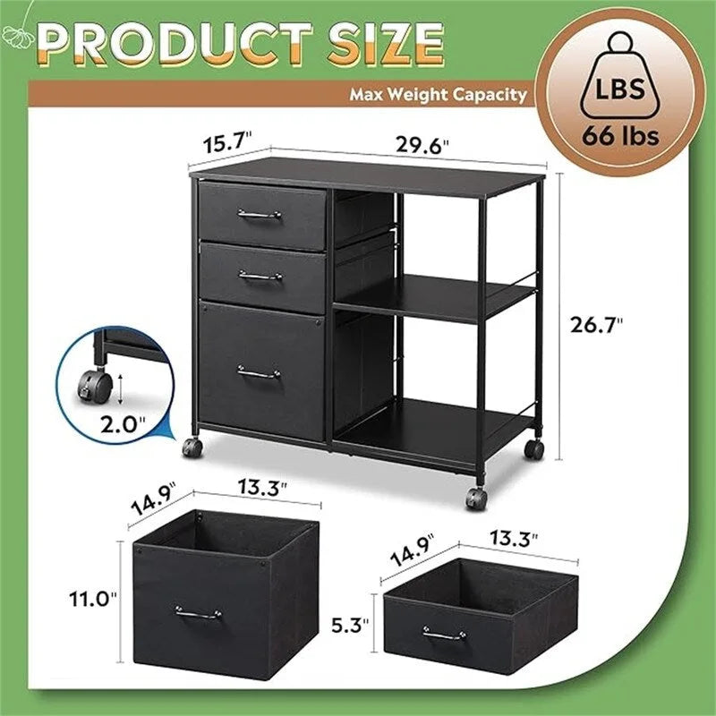 3-Drawer Mobile File Cabinet - 15.75"D x 29.53"W x 26.77"H