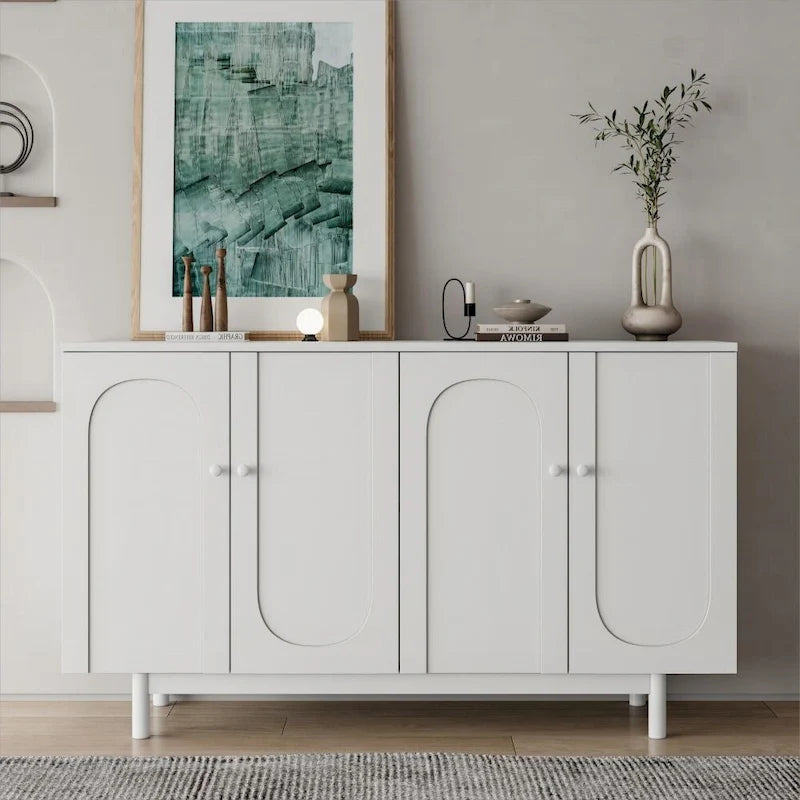 Stylish and Functional 4-Door Intaglio Storage Cabinet with Pine Legs, Solid Wood Pulls and MDF