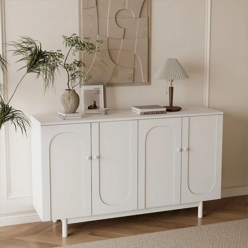 4-Door Intaglio Storage Cabinet with Pine Legs and Solid Wood Pulls