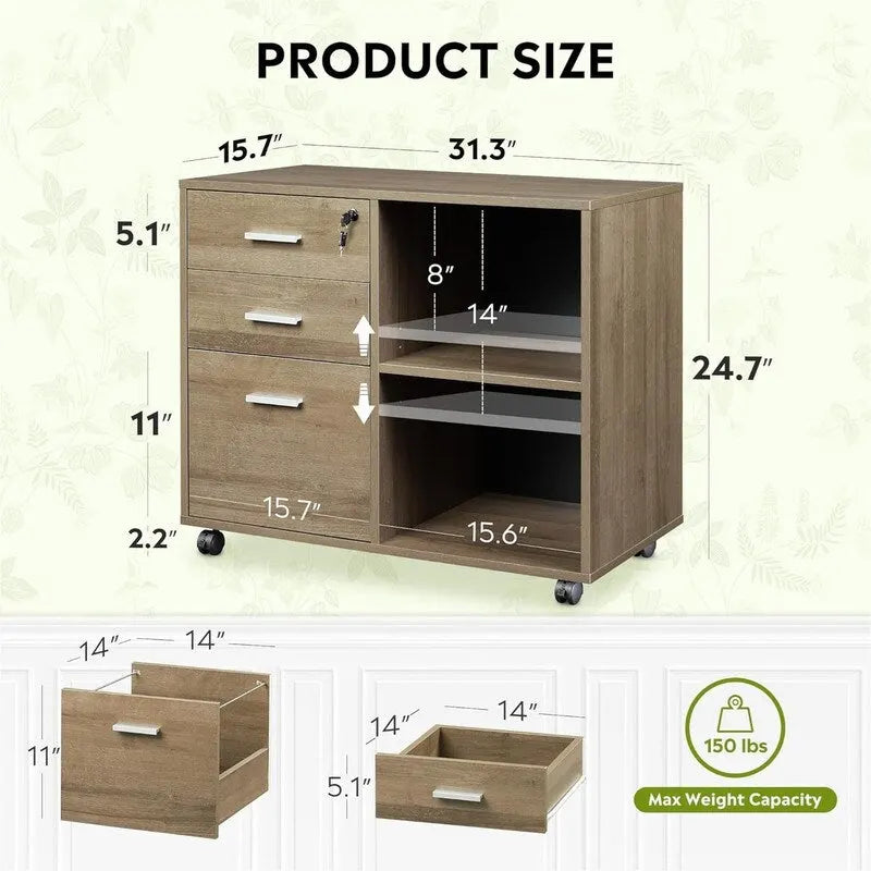 3-Drawer Wood File Cabinet - 15.7D x 31.3W x 24.7H