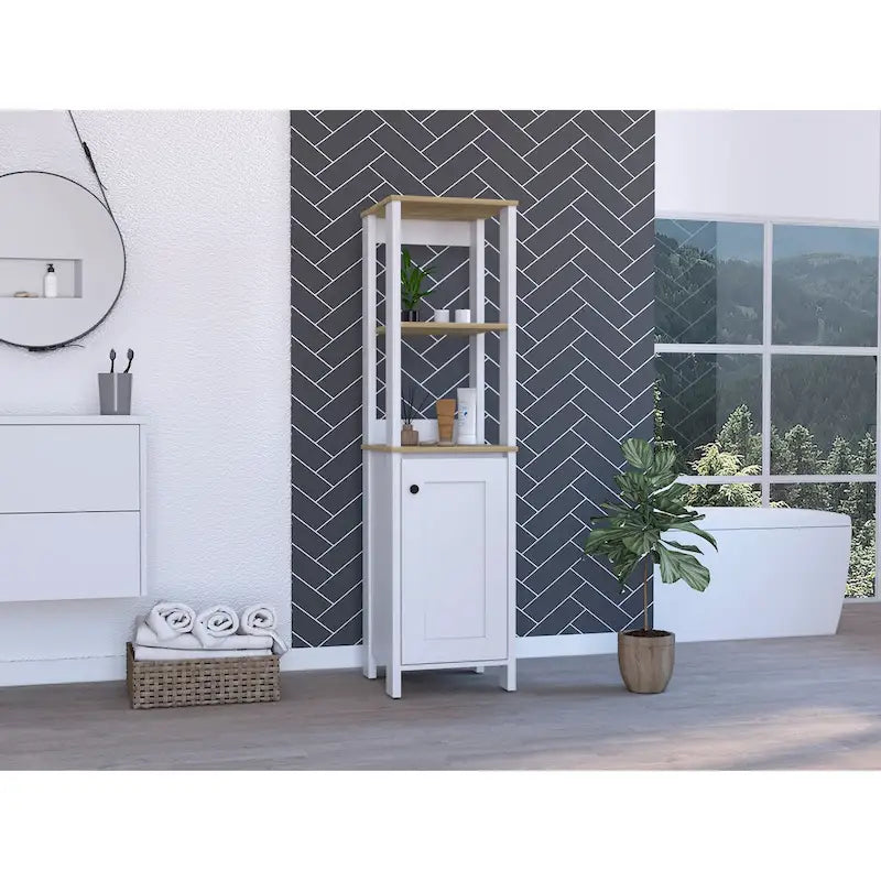 Linen Cabinet, Two Open Shelves, Single Door, Light Oak / White Finish