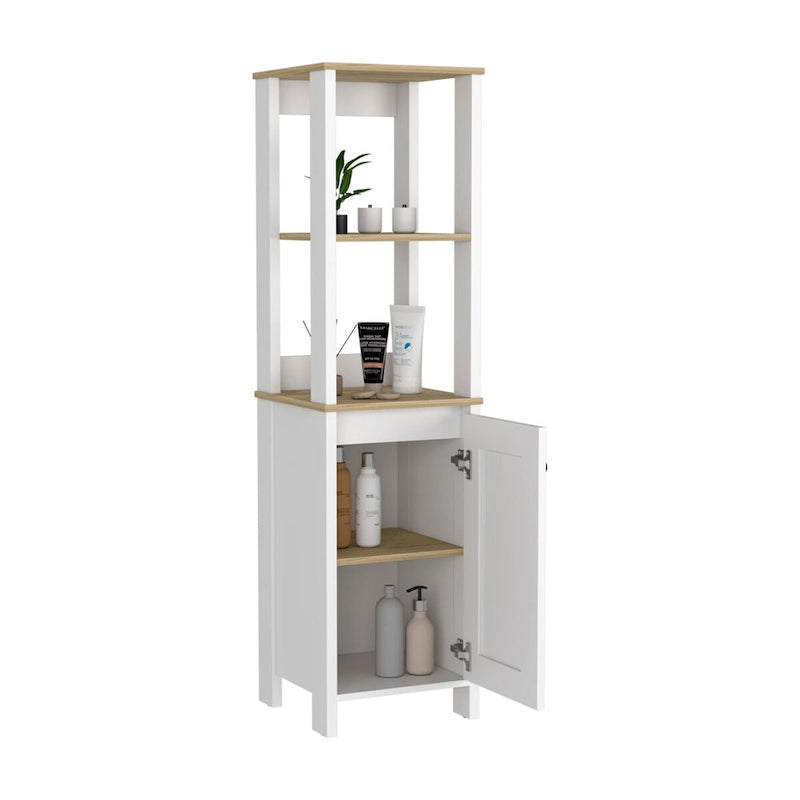 Linen Cabinet, Two Open Shelves, Single Door, Light Oak / White Finish